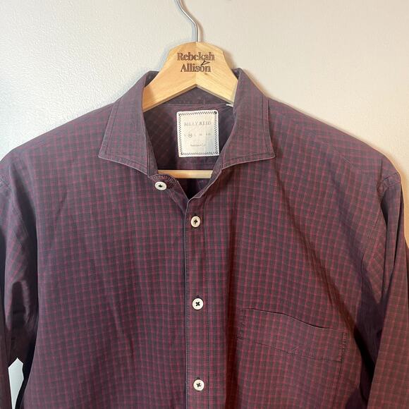 Billy Reid Red & Charcoal Checked Print Button Up Shirt in Men's Size Medium - Picture 2 of 10